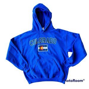 Vintage Colorado Hoodie Medium Blue Flag Kangaroo Pockets Unisex Snowboa…